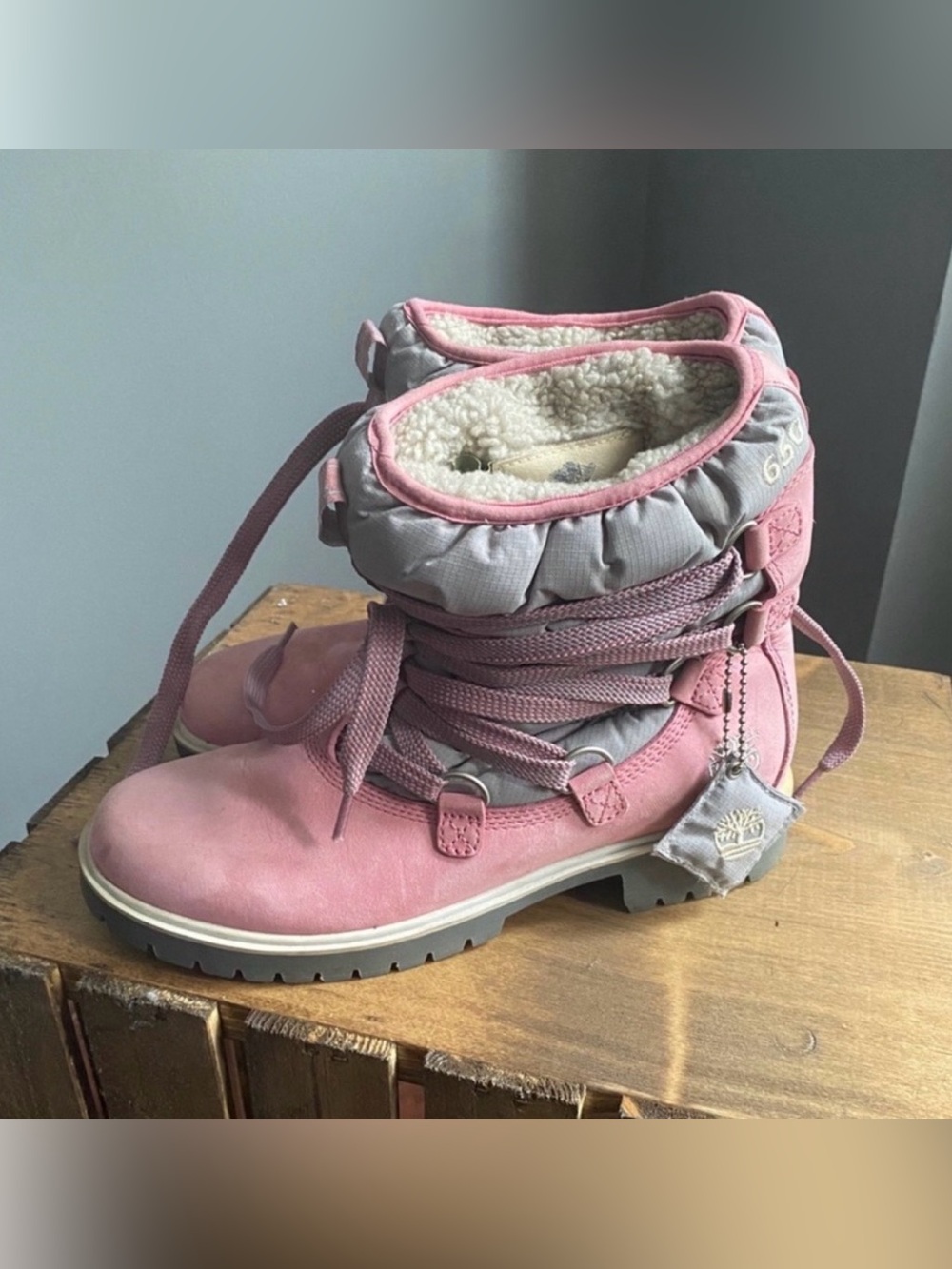 Timberland Pink and Gray Lace-Up Shearling Trim Boots